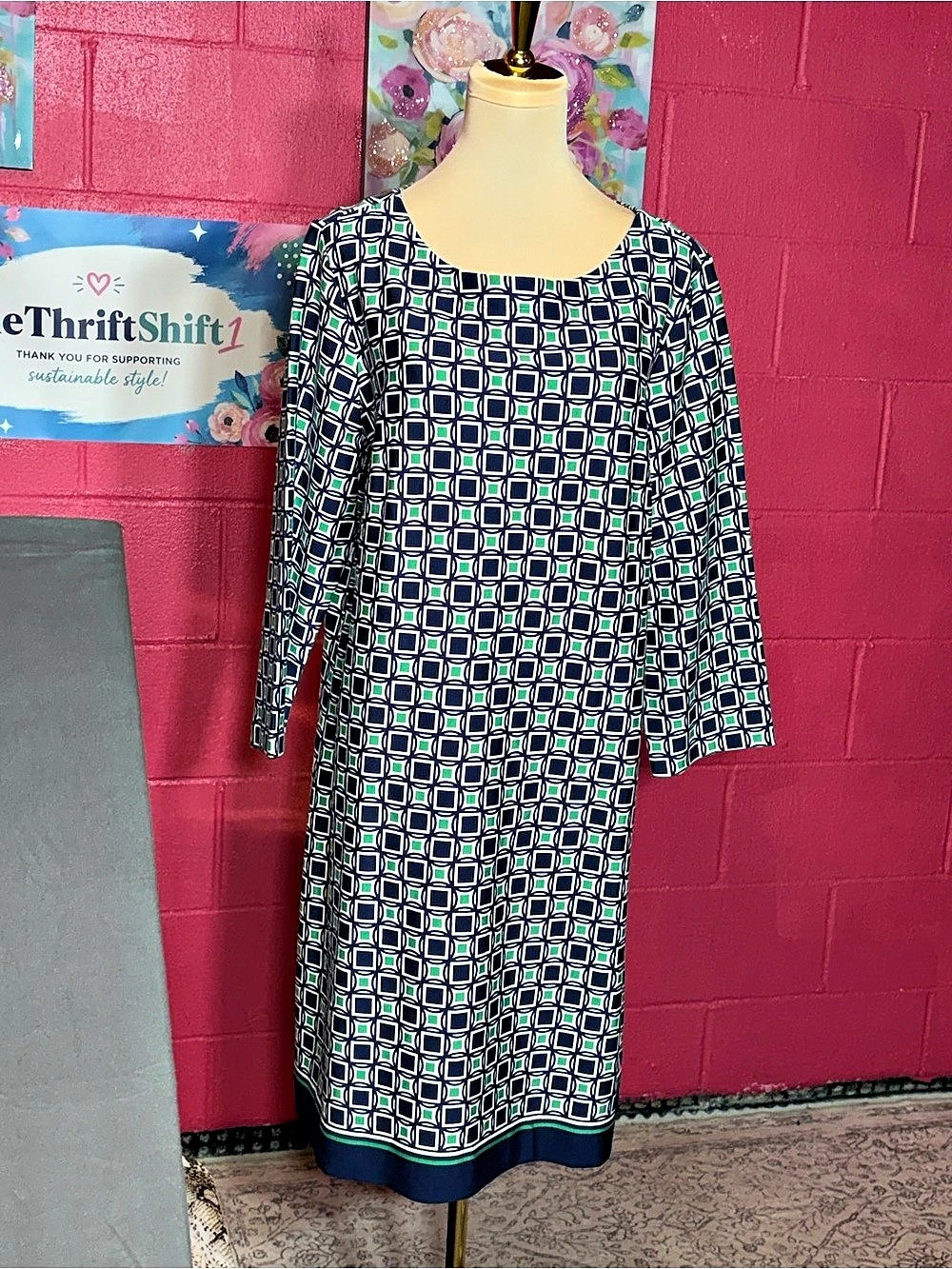 Talbots Geometric Print Shift Dress Blue & Green Size 16 NWT